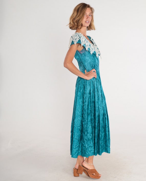 Floral Embossed Dress 80s Party Dress Teal Blue W… - image 4