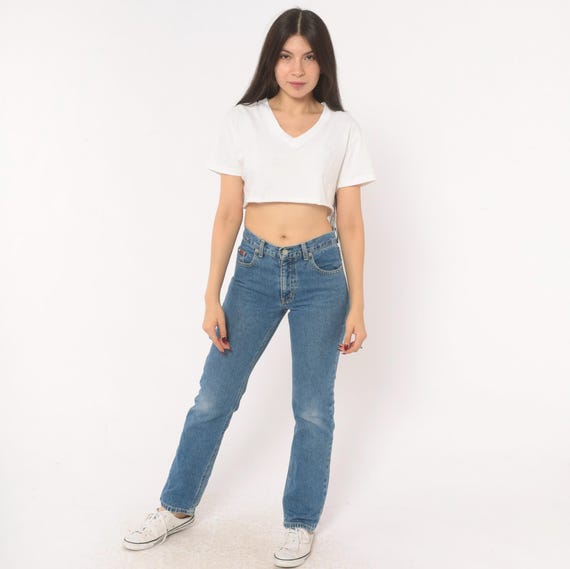 Tommy Hilfiger Jeans 90s High Waisted Denim Straight Leg Medium Wash Blue Cotton Five Pocket Mom Jean Flag Logo Vintage Pants Extra Small XS