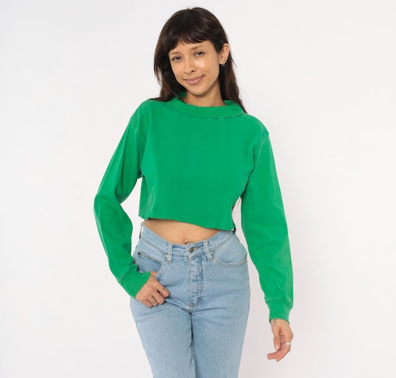 70s Green Cropped Sweatshirt Cotton Pullover Emerald Crop Top Boxy Fit Preppy Flight Deck Crew Vietnam War Vintage Tee Shirt Blouse Medium M