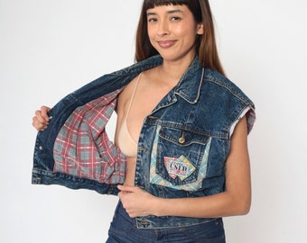 90s Denim Vest Plaid Patchwork Cutoff Jean Jacket 80s