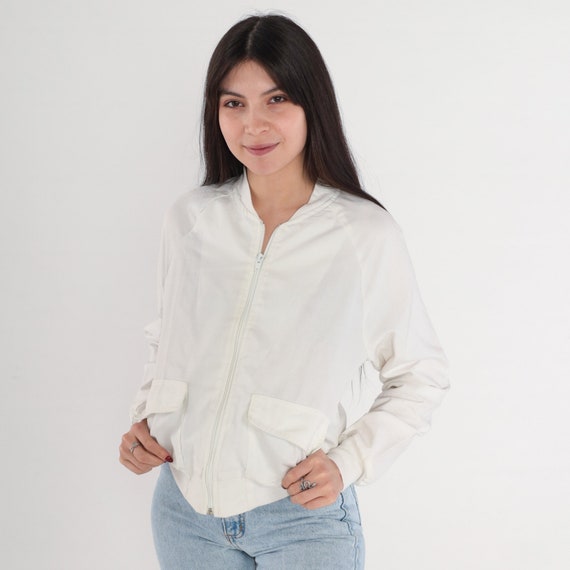 White Windbreaker Jacket 70s Bomber Zip Up Jacket Retro Plain Raglan Sleeve Basic Streetwear Cargo Pockets Lightweight Vintage 1970s Small S