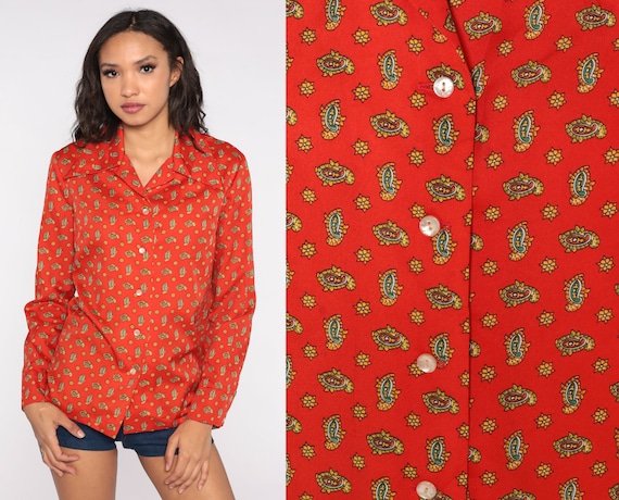 70s Paisley Shirt Dagger Collar Blouse Red-Orange Print Blouse Boho Top Hippie 1970s Vintage Bohemian Button Up Long Sleeve Medium