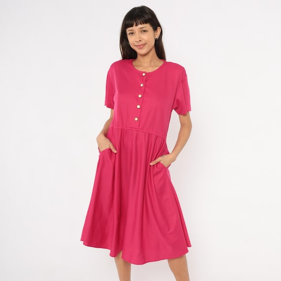 80s Fuchsia Button Front Dress Hot Pink Gathered Waist Midi Scoop Neck Gold Buttons Short Sleeve Cotton A Line Flared Pockets Vintage Small