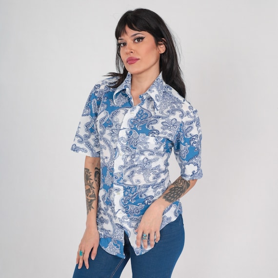 Blue Paisley Shirt 70s Disco Shirt Button up Top Retro Groovy Print Collared Psychedelic Hippie White Short Sleeve Vintage 1970s Medium M