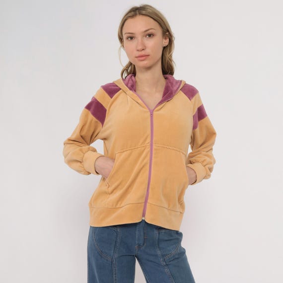 80s Hooded Track Jacket Tan Hoodie Sweatshirt Purple Striped Velour Zip Up Sweatshirt Warm Up Hood Vintage Pockets Long Sleeve Medium M