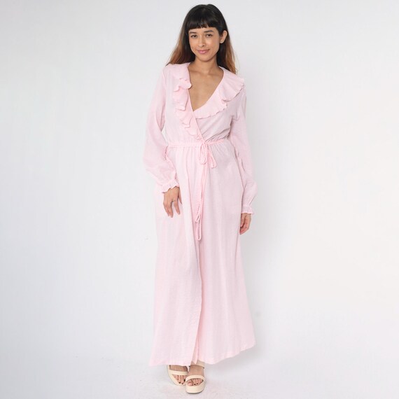 Vintage 80s Pink Seersucker Wrap Dress Ruffle Collar Long Sleeve Maxi Dress Cottagecore Boho Prairie Gown 1980s Deep V Neck Small Medium