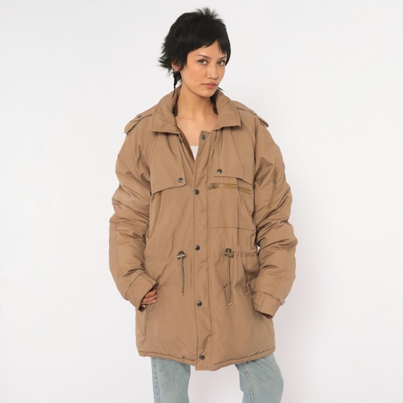 70s Puffer Parka Tan Cotton Jacket Zip Brown Puffy Winter Coat Epaulets Chest Pockets Collared Boxy Insulated Unisex Mens Womens Large L