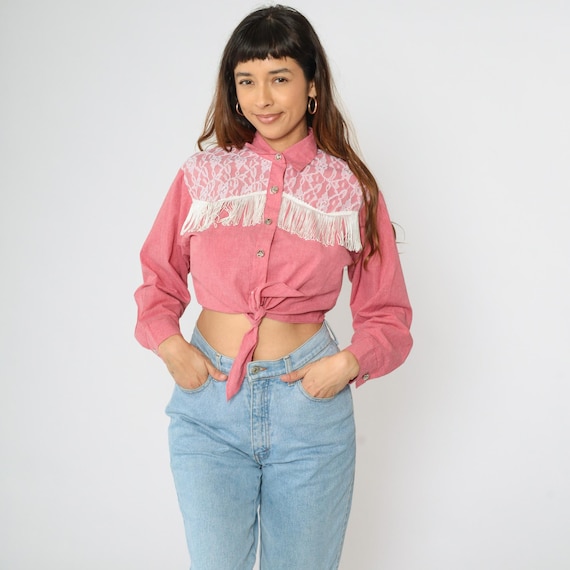 Vintage Western Fringe Crop Top 90s Pink Lace Yoke Blouse Horse Button up Shirt Tie Front Long Sleeve Equestrian Cowgirl Party 1990s Small S