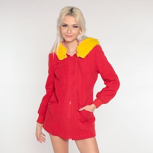 Red Winter Coat 70s 80s Faux Sherpa HOODED Jacket Yellow Shearling Hood Jacket Wool Blend Vintage 1980s Hoodie Bohemian Extra Small xs