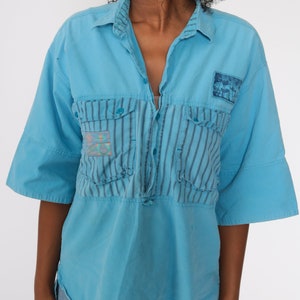Blue Tropical Shirt 90s PALM TREE Shirt Hawaiian Distressed SURFER Button Up Shirt 1990s Summer Top Striped Beach Sea Medium Large image 5
