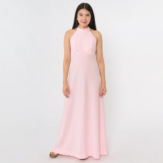 Vintage 70s Pink Racerback Dress XS Halter Neck Maxi Party Evening Gown Formal Grecian Empire Waist Disco Style 1970s Extra Small