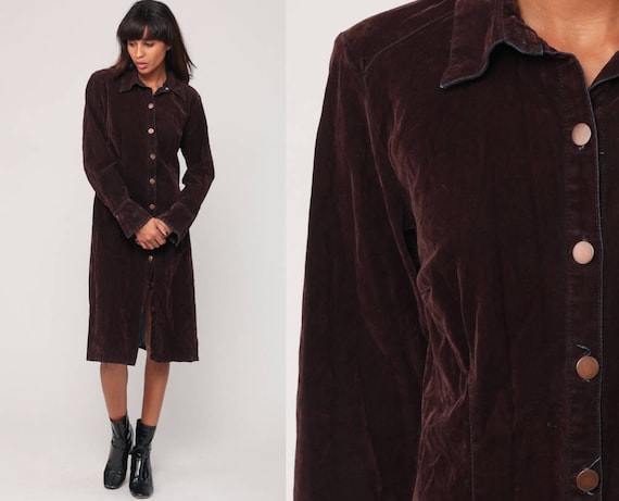 Brown Velvet Dress 90s Party Grunge Dress Long Sleeve Button Up 1990s Vintage Minidress Shift Small