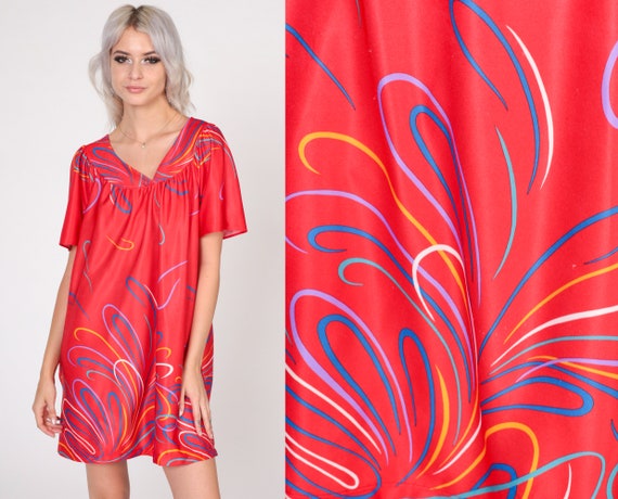 80s Lounge Dress Red Mini Tent Dress Abstract Flo… - image 1