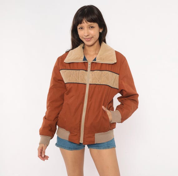 70s Ski Jacket 70s Rust Brown Tan Bomber Zip Front Cotton Waist Pockets Ribbed Cuff Color Block  Coat Vintage Mens Small S
