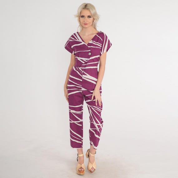 80s Purple Jumpsuit Tapered Pantsuit Faux Wrap Button up Abstract Striped Branch Print High Waisted Cotton Vintage 1980s V Neck Small S