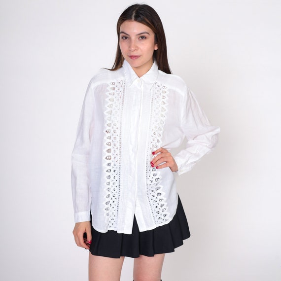 Cutout Lace Blouse 90s White Button up Shirt Boho… - image 3