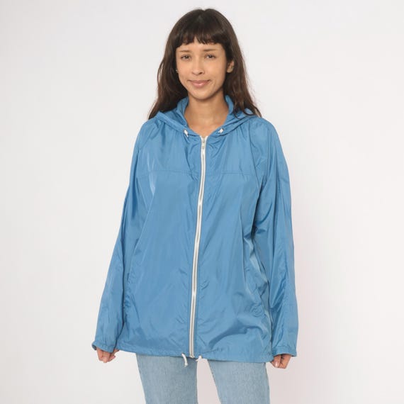 Blue Hooded Windbreaker 90s Eddie Bauer Rain Jacket Powder Sky Coat Hood Drawstring Gorpcore Outdoor Hiking Camping Vintage Extra Large XL
