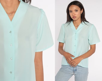 Puff Sleeve Blouse 70s 80s Seafoam Blue Shirt Plain Top Button Up Shirt Secretary V Neck Top Vintage 1980s Short Sleeve Small S