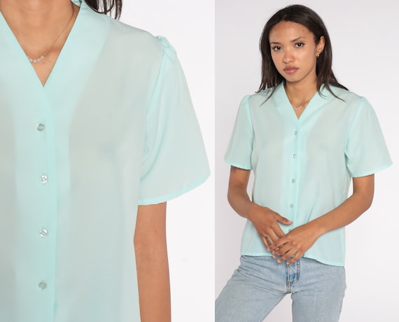 Puff Sleeve Blouse 70s 80s Seafoam Blue Shirt Pla… - image 1