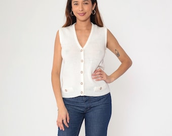 80s White Sweater Vest Sleeveless Knit Sweater Top Boho V Neck Plain Button Up 1980s Retro Preppy Vintage Small S