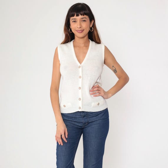 80s White Sweater Vest Sleeveless Knit Sweater Top Boho V Neck Plain Button Up 1980s Retro Preppy Vintage Small S