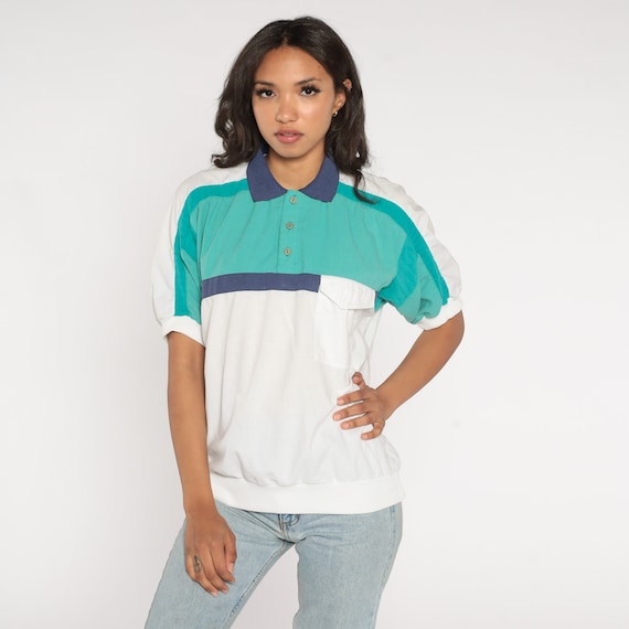90s Striped Polo Shirt Collared Color Block Short Sleeve Top Banded Hem Preppy Chest Pocket White Blue Green Vintage 1990s Men's Small S
