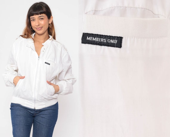 White Members Only Jacket 80s Cafe Racer Retro Zip Up Windbreaker Jacket Bomber Lightweight Stranger Things Vintage 1980s Men's 42 Large