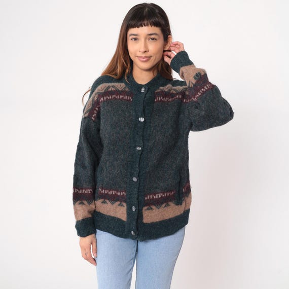 Fair Isle Cardigan 90s Wool Forest Green Burgundy Beige Nordic Pattern Chunky Knit Earth Tone Grandpa Sweater Cozy Vintage Extra Large XL