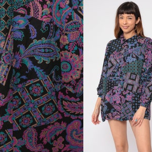 Boho Tunic Top 90s Micro Mini Dress Black Abstract Floral Paisley Print Tent Shirt Puff Sleeve Collared Blouse Vintage 1990s Medium Large image 1