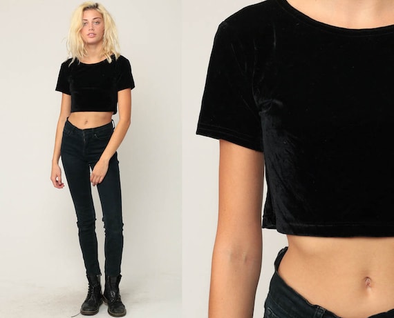 Black Velvet Shirt Crop Top Blouse Gothic Shirt 90s Hipster Party Simple Plain Short Sleeve Cropped Shirt Extra Small xs