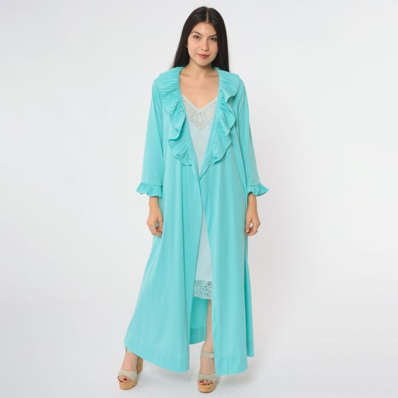 Turquoise Robe 70s Ruffle Trim Long Duster Open Front Vintage Lingerie Nightgown Cover Up Aqua Blue Boudoir Sleepwear Maxi Medium M 8