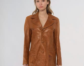 70s Leather Jacket Brown Button Front Blazer Distressed Vintage Long Sleeve Fall Winter Western Tan Caramel Hippie Boho 38 Medium