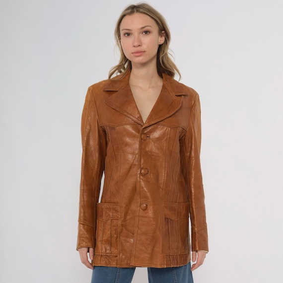 70s Leather Jacket Brown Button Front Blazer Distressed Vintage Long Sleeve Fall Winter Western Tan Caramel Hippie Boho 38 Medium
