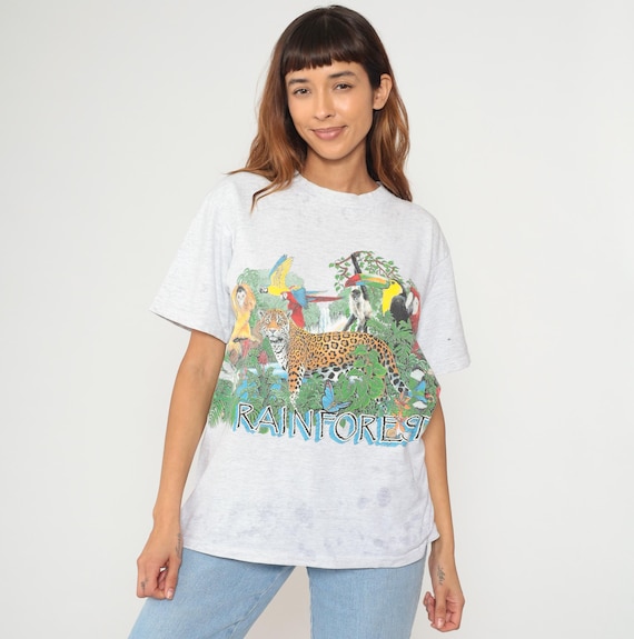90s Rainforest Tee Heather Gray Animal Jaguar Parrot Toucan Monkey Tropical Distressed Vintage Nature Wildlife Jungle Scene Shirt Large L