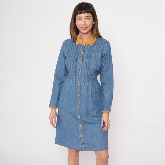 90s Denim Dress Corduroy Collar Blue Jean Shirtdress Midi Button Up Dress Pleated Long Sleeve Collared 1990s Normcore Vintage Retro Small 6