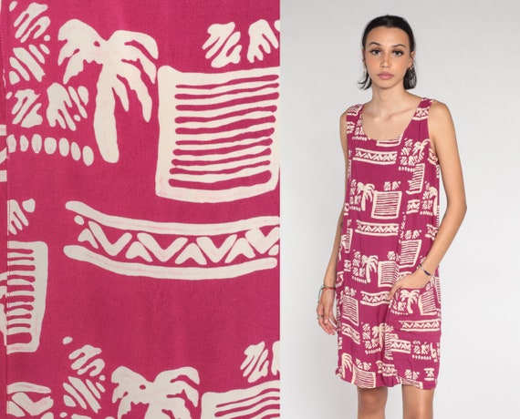 Tropical Mini Dress 90s Dark Pink Day Dress Geome… - image 1