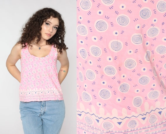 90s Geometric Tank Top Pink Swirl Print Top Graphic Shirt Sleeveless Shirt Scoop Neck Retro Shirt Vintage 1990s Small S