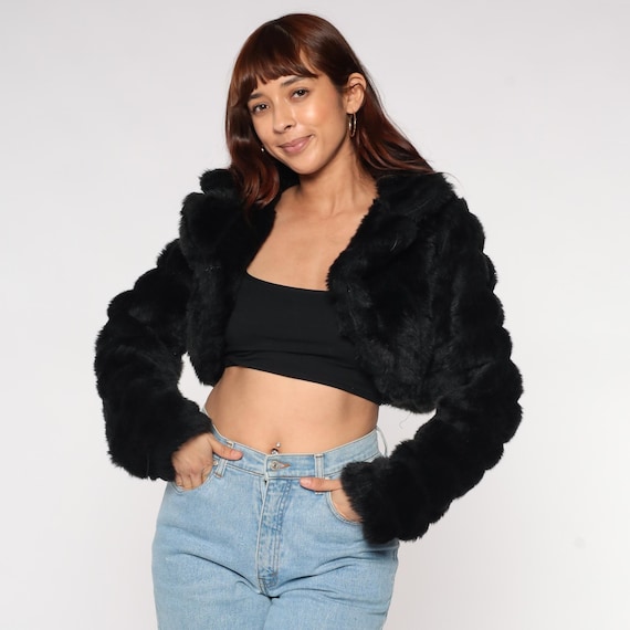 Faux Fur Jacket Y2K Black Cropped Fuzzy Winter Coat Rave Club Cyber Goth Whimsigoth Vamp Alternative Festival Layering Medium M Large L