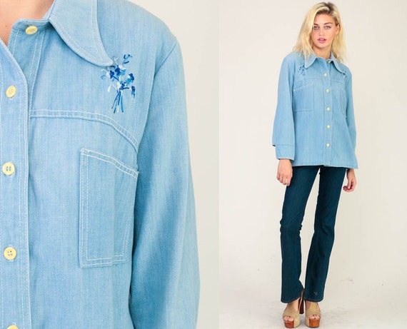 Denim Shirt 70s Blue Jean Shirt EMBROIDERED BEE Floral Western Hippie Button Up 1970s Long Sleeve Vintage Hipster Boho Retro Medium Large