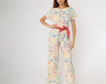 Vintage 70-tals Boho Jumpsuit Blommig Klottringad Vida Ben Heltäckande Off White 1970-tals Disco Hippie Boho Byxor Kortärmade Small Medium