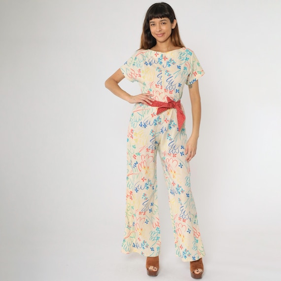 Vintage 70s Boho Jumpsuit Floral Bell Bottom Wide Leg One Piece Off-White 1970s Disco Hippie Bohemian Pants Short sleeve Small Medium
