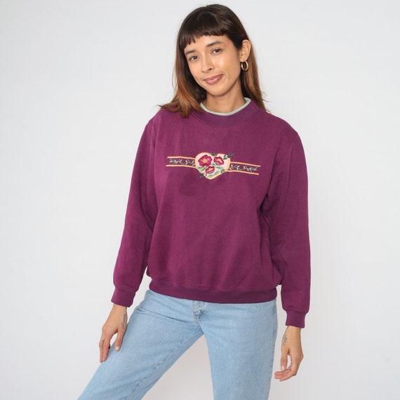 Embroidered Flower Sweatshirt 90s Burgundy Floral Sweater Heart Embroidery Pullover Crewneck Boho Grandma Retro Vintage 1990s Extra Large xl