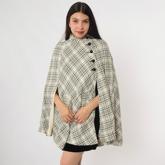 60s Cape Coat Mod Plaid Go Go Cream Black Button Up Collar Stand Up Space Age Geometric Twiggy Style London Fashion Mini Coat One Size OS