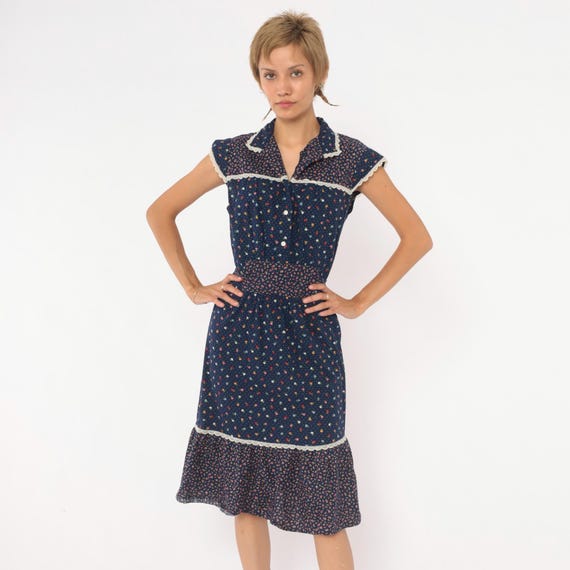 70s Navy Floral Prairie Dress Calico Ditsy Cotton Lace Trim Cap Sleeve Button Front Tie Waist Red Yellow Polka Dot Ruffle JCPenney Small S