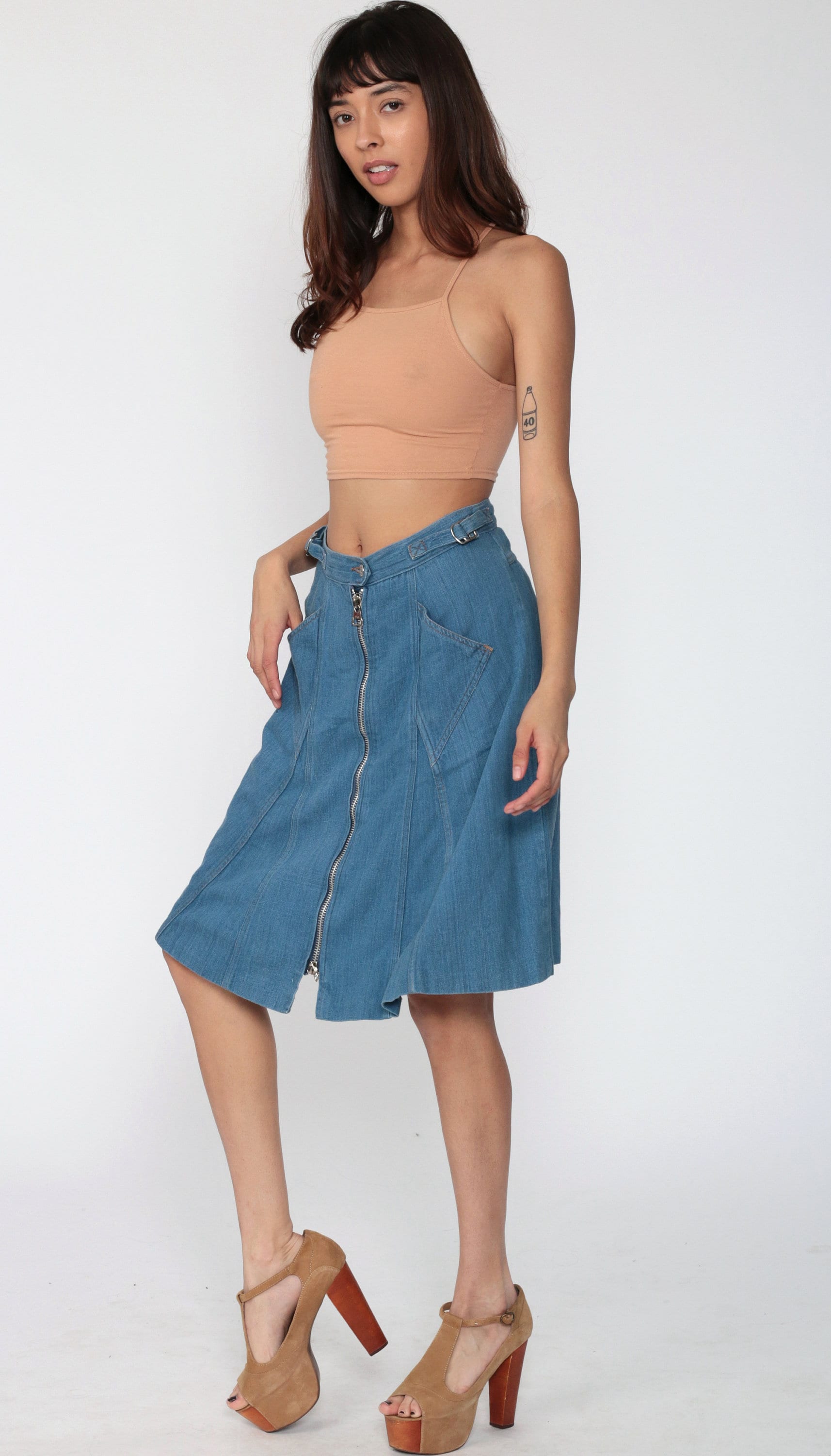 Wrangler Denim Skirt 70s Jean Skirt Zip Up Skirt 1970s High Waisted A Line  Hippie Skirt Flared Midi Retro Vintage Blue Small
