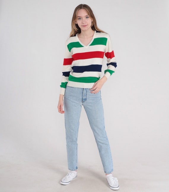 Striped Sweater 80s Knit Pullover V Neck Sweater … - image 3
