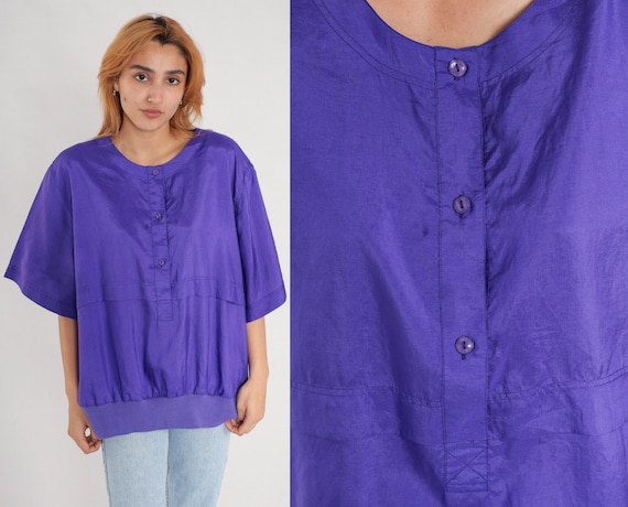 Shiny Purple Shirt 90s Button Up Shirt 1/2 Sleeve Blouse 1990s Banded Hem Slouchy Top Vintage Retro Plain Basic 2x 2xl xxl