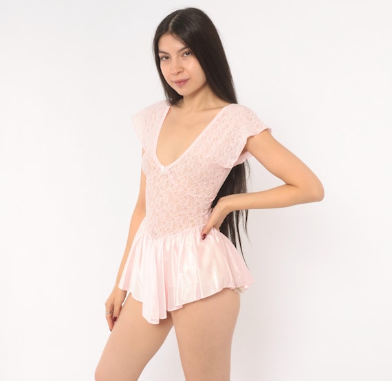 90s Balletcore Lace Top Coquette Skirted Pink Satin Flutter Babydoll Rose Blush Bow Floral Semi Sheer Romantic Loungewear Vintage Small S