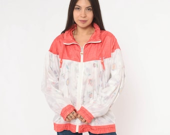 Ellesse Floral Windbreaker 90s Coral White Nylon Shell Jacket Color Block Track Top Athletic Sporty Flower Print Spring Pink Vintage Large L
