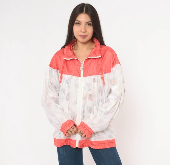 Ellesse Floral Windbreaker 90s Coral White Nylon Shell Jacket Color Block Track Top Athletic Sporty Flower Print Spring Pink Vintage Large L